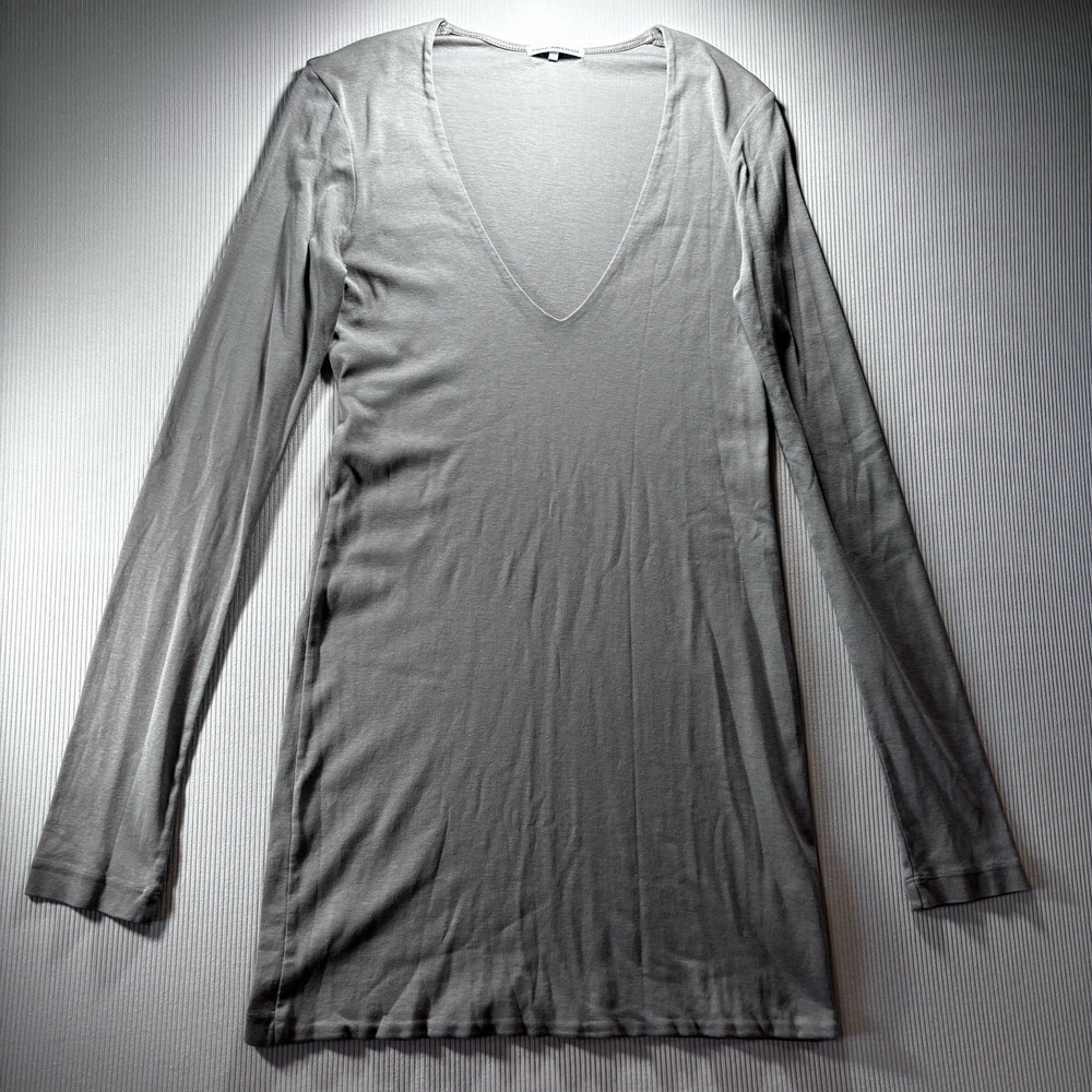 James Perse Long Sleeve Deep V-Neck Tunic Top in Light Gray
